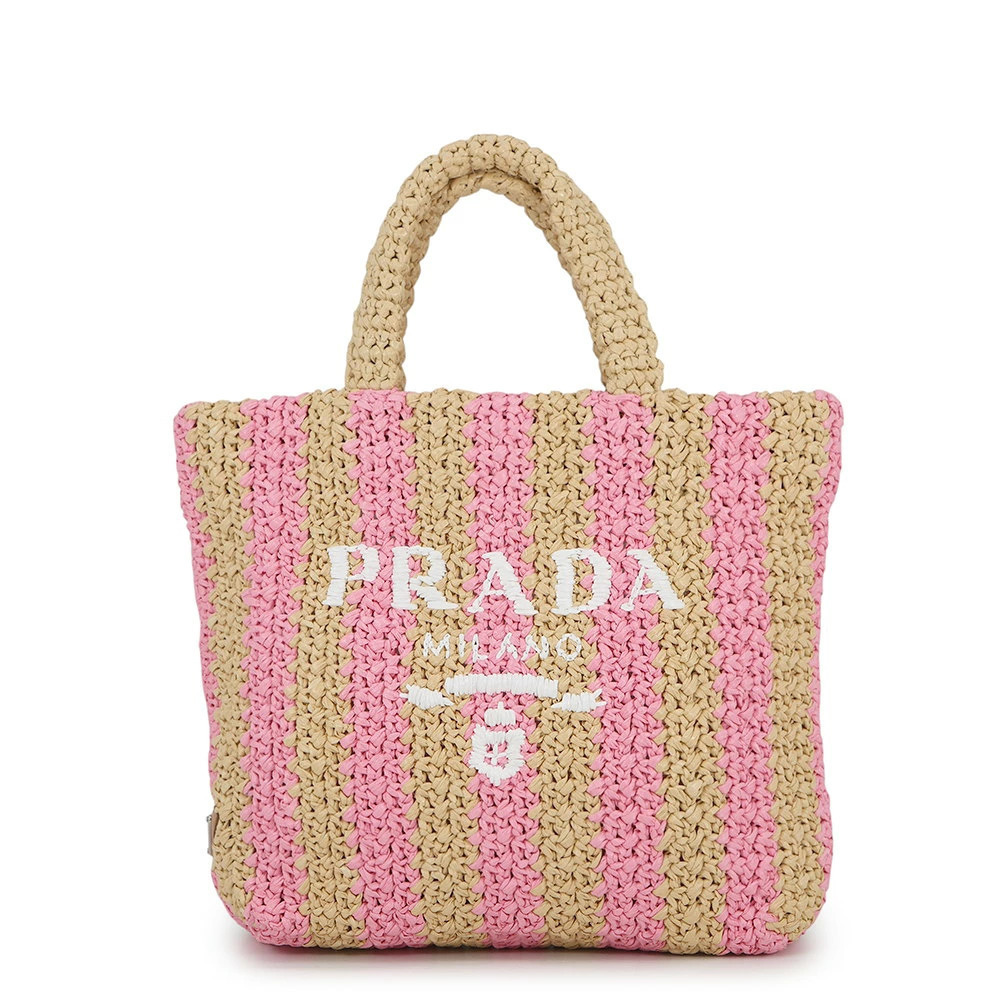 Prada Tote Bag Crochet Striped Raffia Handbag